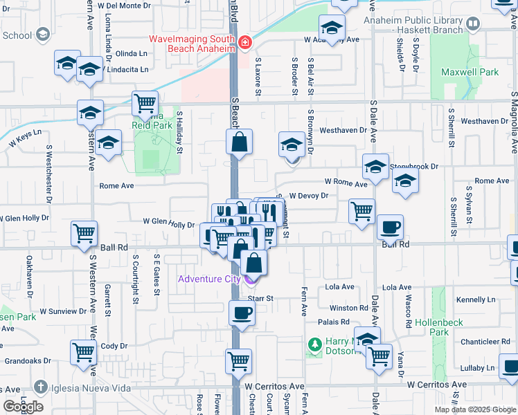 map of restaurants, bars, coffee shops, grocery stores, and more near 2950 West Lynrose Drive in Anaheim