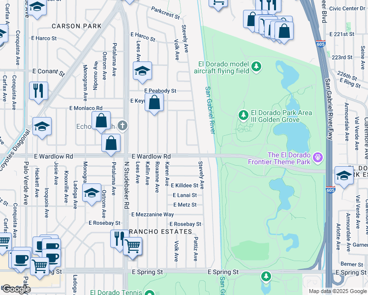 map of restaurants, bars, coffee shops, grocery stores, and more near 7159 East Wardlow Road in Long Beach