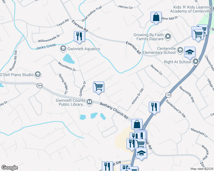 map of restaurants, bars, coffee shops, grocery stores, and more near 3522 Kittery Drive Southwest in Snellville