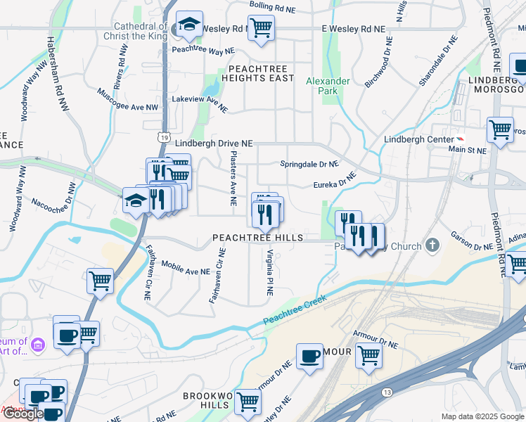 map of restaurants, bars, coffee shops, grocery stores, and more near 2362 Virginia Place Northeast in Atlanta