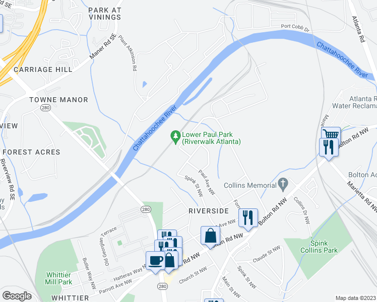 map of restaurants, bars, coffee shops, grocery stores, and more near 2363 Paul Avenue Northwest in Atlanta