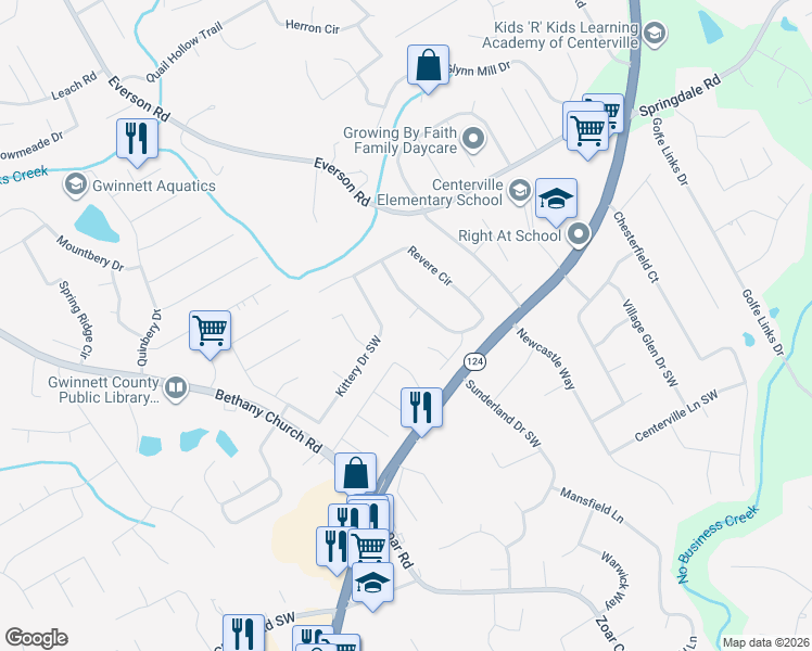 map of restaurants, bars, coffee shops, grocery stores, and more near 3570 Militia Court in Snellville