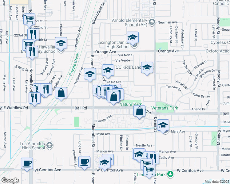 map of restaurants, bars, coffee shops, grocery stores, and more near 9866 Via Sonoma in Cypress