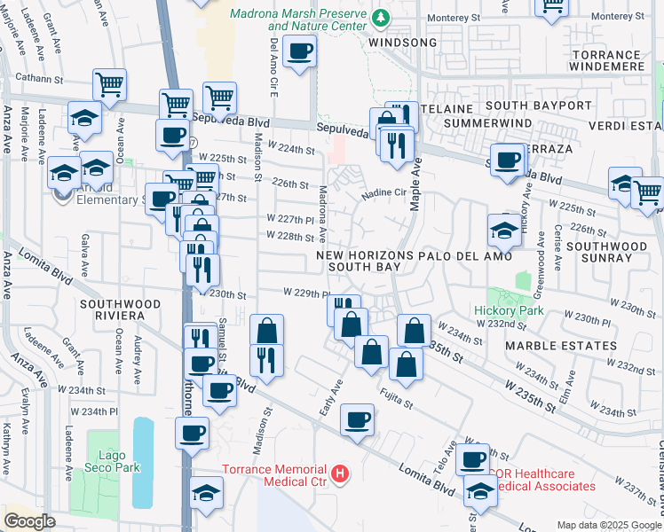 map of restaurants, bars, coffee shops, grocery stores, and more near 22907 Nadine Circle in Torrance