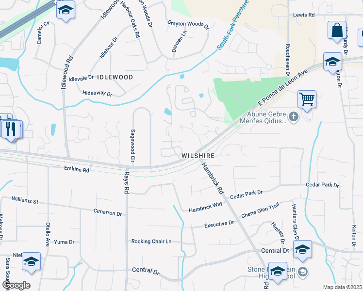 map of restaurants, bars, coffee shops, grocery stores, and more near 4355 Orchard Park Court in Stone Mountain