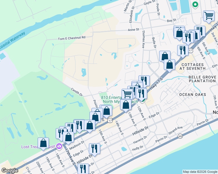 map of restaurants, bars, coffee shops, grocery stores, and more near 1000 Possum Trot Road in North Myrtle Beach
