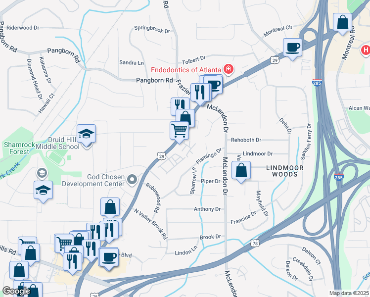 map of restaurants, bars, coffee shops, grocery stores, and more near 2503 Lawrenceville Highway in Decatur