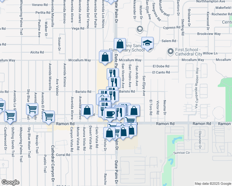 map of restaurants, bars, coffee shops, grocery stores, and more near Date Palm Drive in Cathedral City