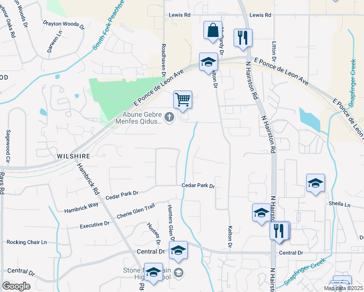 map of restaurants, bars, coffee shops, grocery stores, and more near 1349 Cedar Heights Drive in Stone Mountain