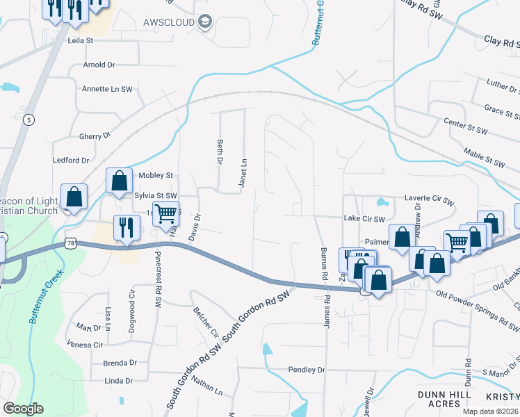 map of restaurants, bars, coffee shops, grocery stores, and more near 5547 Lakeview Drive Southwest in Austell