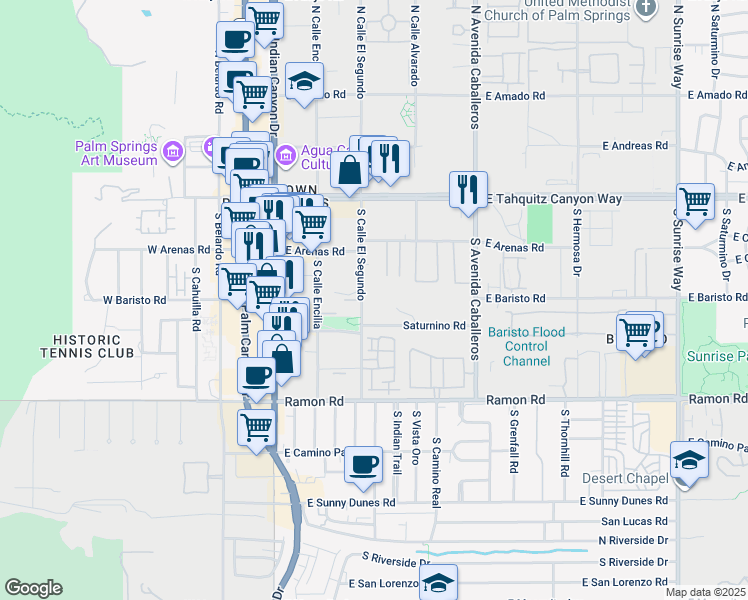 map of restaurants, bars, coffee shops, grocery stores, and more near 300 South Calle El Segundo in Palm Springs