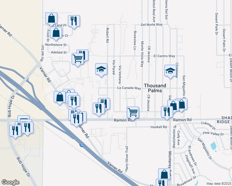 map of restaurants, bars, coffee shops, grocery stores, and more near 31580 Vía Pared in Thousand Palms