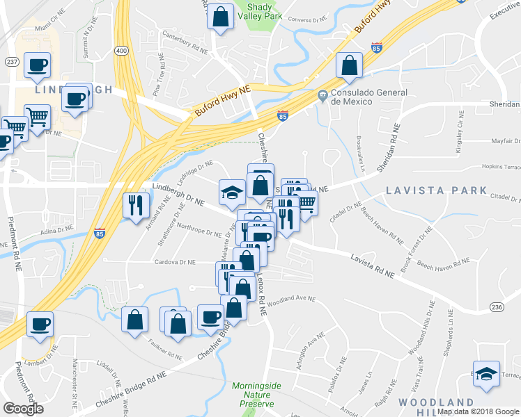 map of restaurants, bars, coffee shops, grocery stores, and more near 2350 Cheshire Bridge Road in Atlanta