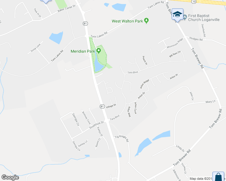 map of restaurants, bars, coffee shops, grocery stores, and more near 253 Tara Commons Circle in Loganville