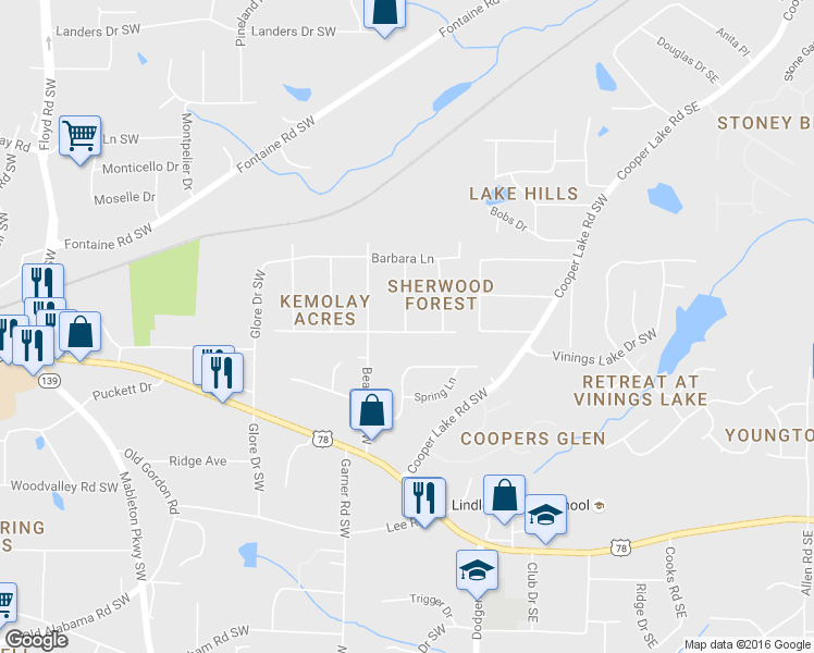 map of restaurants, bars, coffee shops, grocery stores, and more near 5515 Helen Place in Mableton
