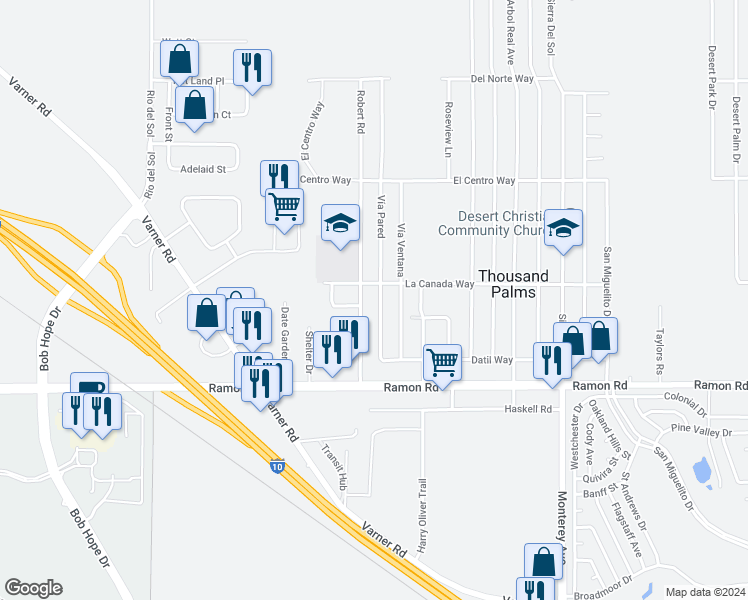 map of restaurants, bars, coffee shops, grocery stores, and more near 31577 Vía Pared in Thousand Palms