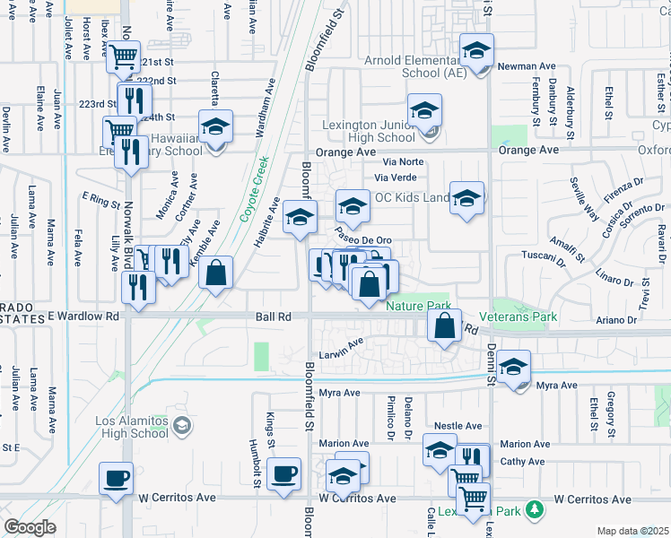 map of restaurants, bars, coffee shops, grocery stores, and more near 4046 Via Encinas in Cypress