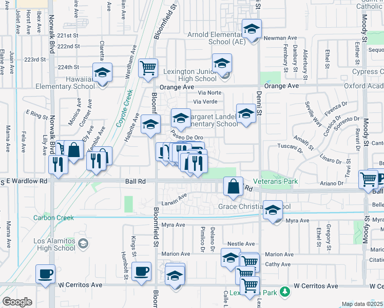 map of restaurants, bars, coffee shops, grocery stores, and more near 9866 Via Sonoma in Cypress