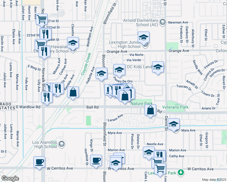 map of restaurants, bars, coffee shops, grocery stores, and more near 4046 Via Encinas in Cypress