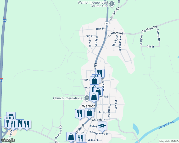 map of restaurants, bars, coffee shops, grocery stores, and more near 508 Goodwin Drive in Warrior