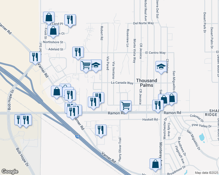 map of restaurants, bars, coffee shops, grocery stores, and more near 31580 Vía Pared in Thousand Palms