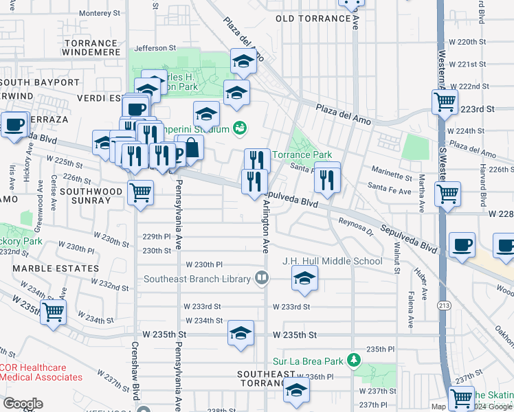 map of restaurants, bars, coffee shops, grocery stores, and more near 2216 Sepulveda Boulevard in Torrance