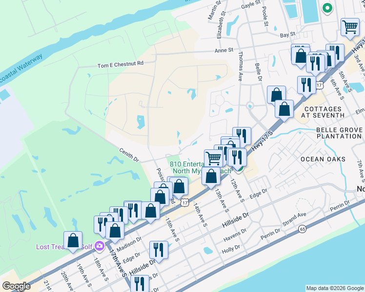 map of restaurants, bars, coffee shops, grocery stores, and more near 1000 Possum Trot Road in North Myrtle Beach