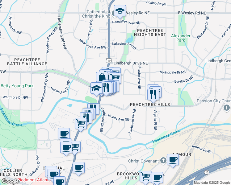 map of restaurants, bars, coffee shops, grocery stores, and more near 2341 Peachtree Road in Atlanta