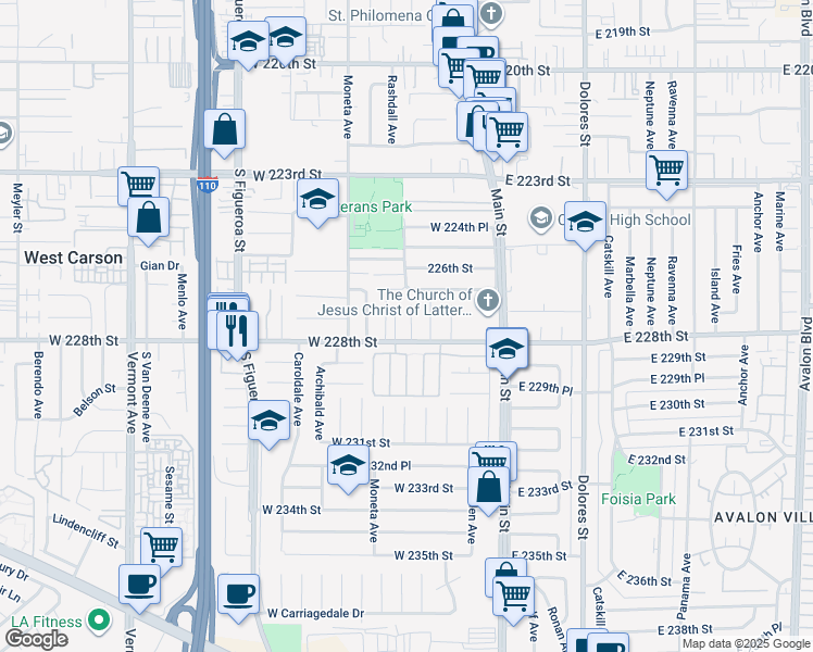 map of restaurants, bars, coffee shops, grocery stores, and more near 22731 Kinard Avenue in Carson