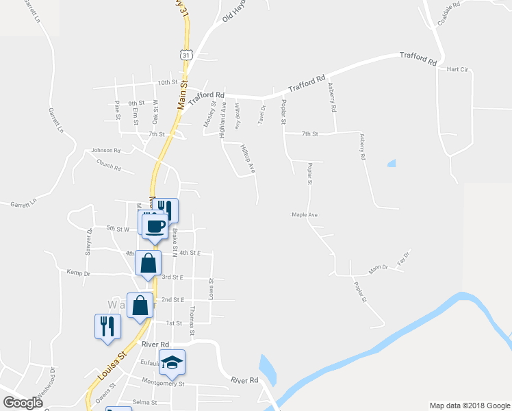 map of restaurants, bars, coffee shops, grocery stores, and more near 501 Hilltop Avenue in Warrior