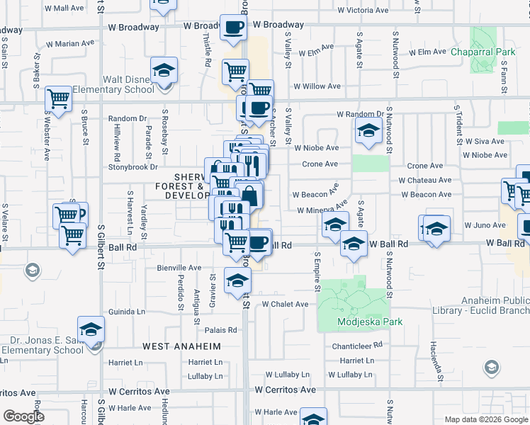 map of restaurants, bars, coffee shops, grocery stores, and more near 850 Cornwall Drive in Anaheim
