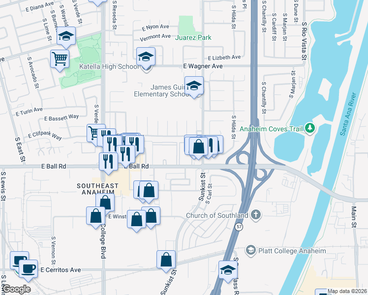 map of restaurants, bars, coffee shops, grocery stores, and more near 2421 East Ball Road in Anaheim