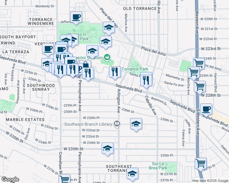 map of restaurants, bars, coffee shops, grocery stores, and more near 2216 Sepulveda Boulevard in Torrance