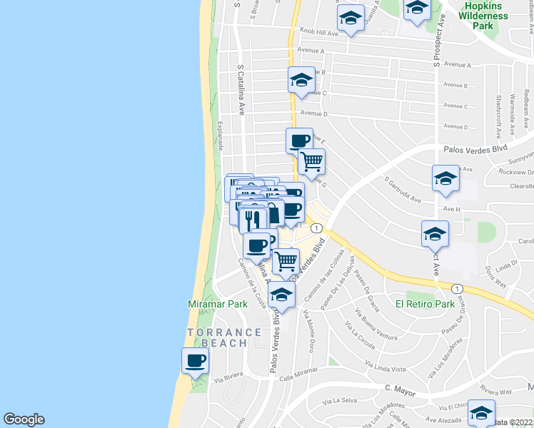 map of restaurants, bars, coffee shops, grocery stores, and more near 208 Avenue I in Redondo Beach