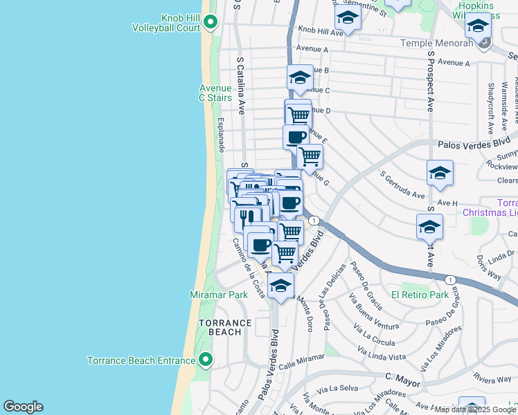 map of restaurants, bars, coffee shops, grocery stores, and more near 208 Avenue I in Redondo Beach
