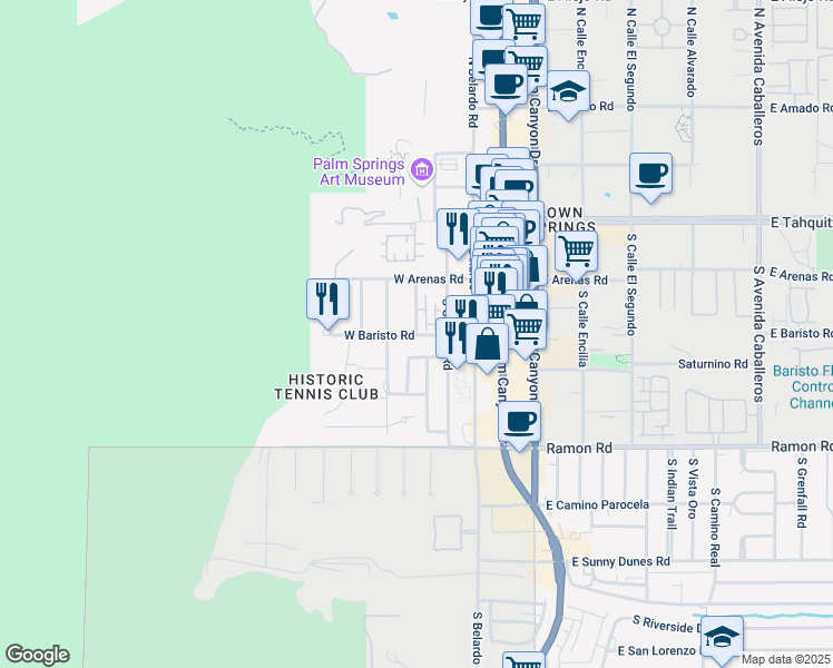 map of restaurants, bars, coffee shops, grocery stores, and more near West Baristo Road & South Lugo Road in Palm Springs