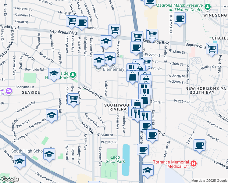 map of restaurants, bars, coffee shops, grocery stores, and more near 22933 Ocean Avenue in Torrance