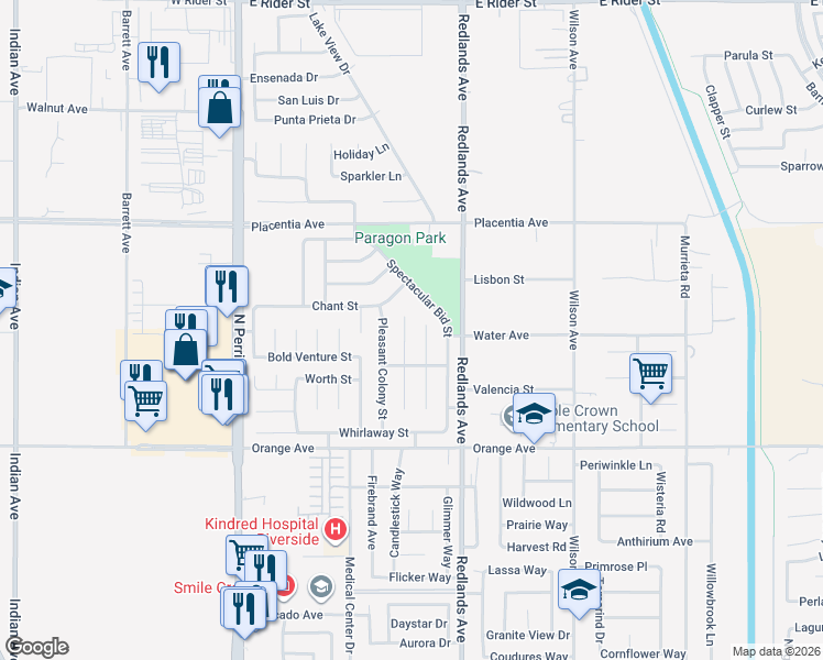 map of restaurants, bars, coffee shops, grocery stores, and more near 2621 Needles Court in Perris