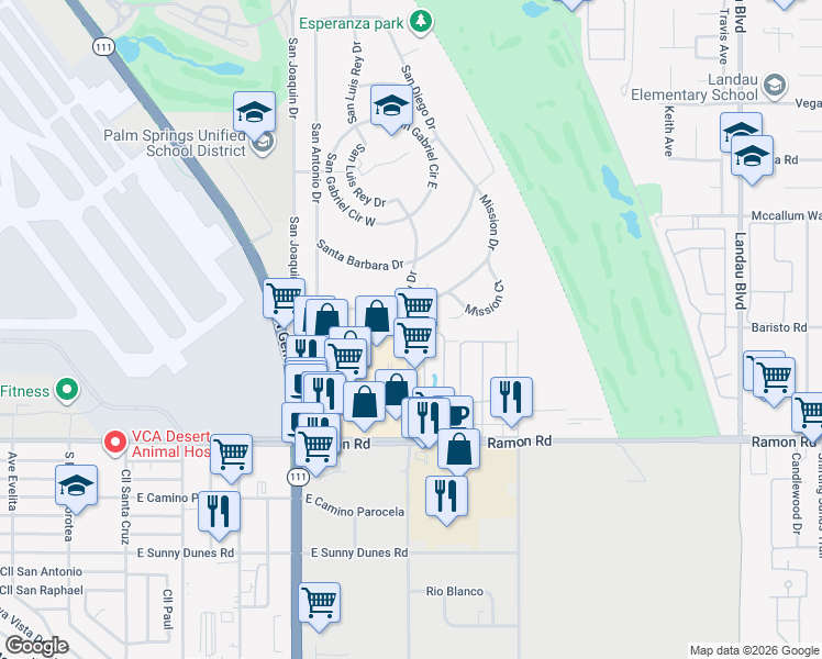 map of restaurants, bars, coffee shops, grocery stores, and more near 31632-31640 San Luis Rey Drive in Cathedral City