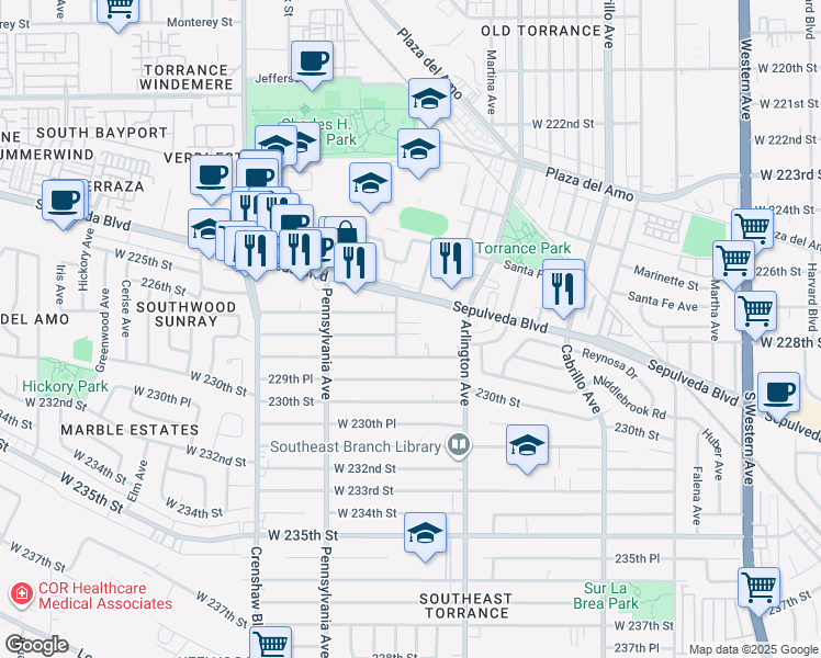 map of restaurants, bars, coffee shops, grocery stores, and more near 22722 Cypress Street in Torrance