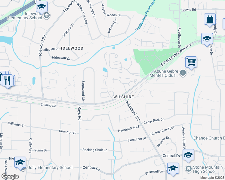 map of restaurants, bars, coffee shops, grocery stores, and more near 4312 Orchard Park Court in Stone Mountain
