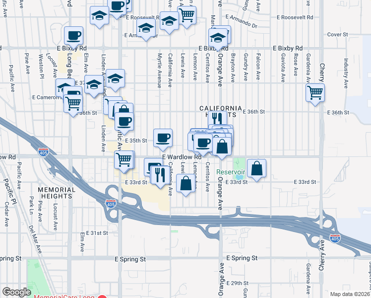 map of restaurants, bars, coffee shops, grocery stores, and more near 3430 Lewis Avenue in Long Beach