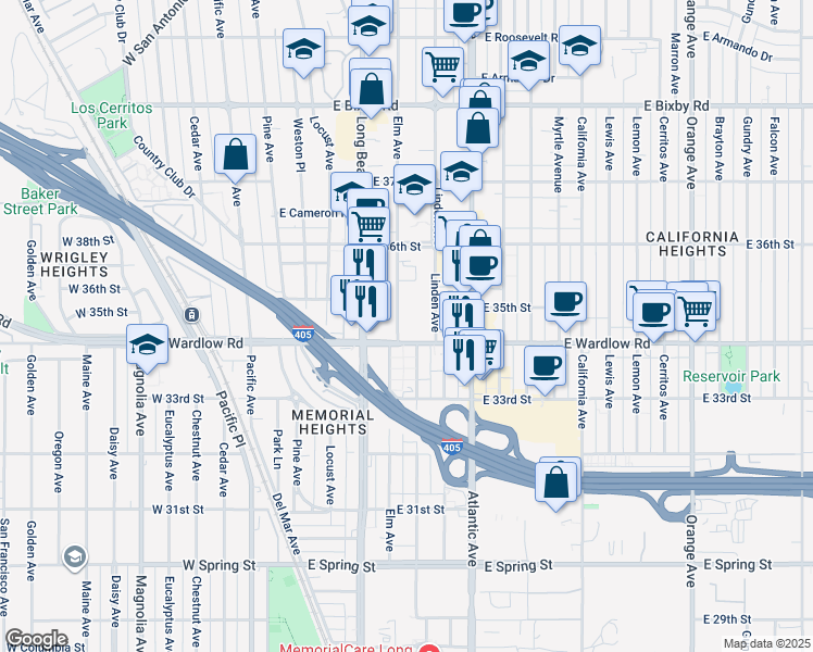 map of restaurants, bars, coffee shops, grocery stores, and more near in Long Beach