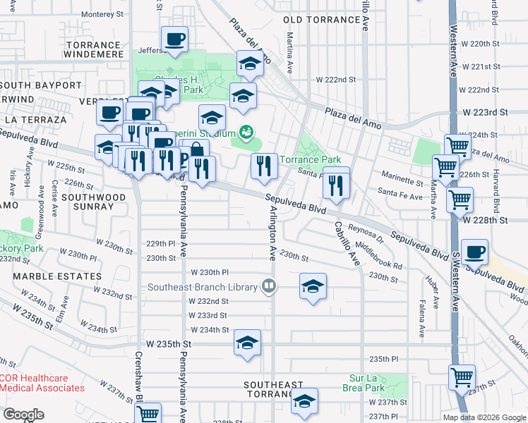 map of restaurants, bars, coffee shops, grocery stores, and more near 2216 Sepulveda Boulevard in Torrance