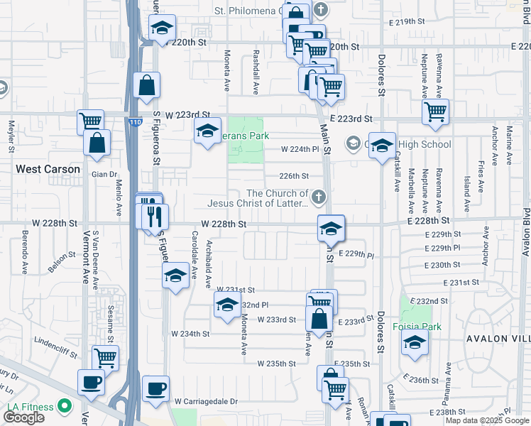 map of restaurants, bars, coffee shops, grocery stores, and more near 22731 Kinard Avenue in Carson