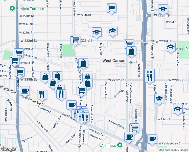 map of restaurants, bars, coffee shops, grocery stores, and more near 1127 West 228th Street in Torrance