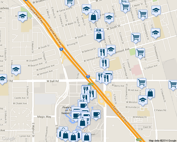 map of restaurants, bars, coffee shops, grocery stores, and more near 1008 South Citron Street in Anaheim