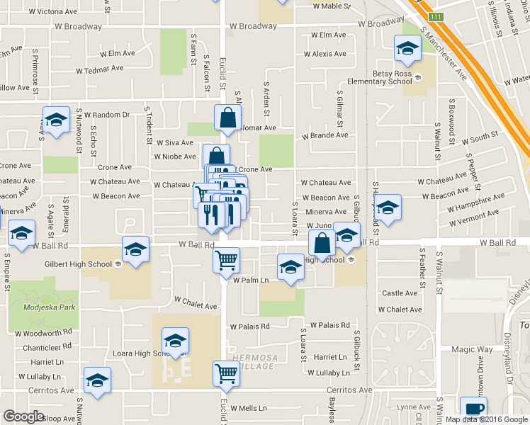 map of restaurants, bars, coffee shops, grocery stores, and more near 925 South Arden Place in Anaheim