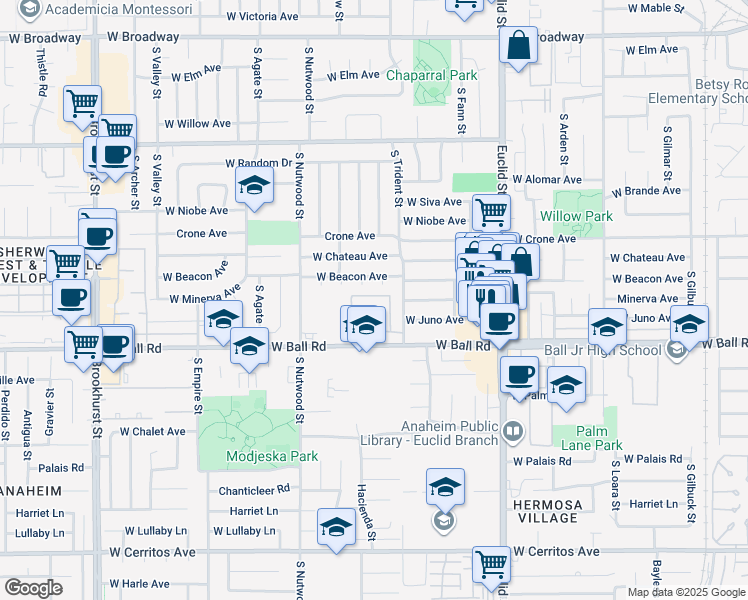 map of restaurants, bars, coffee shops, grocery stores, and more near 916 South Park Circle in Anaheim
