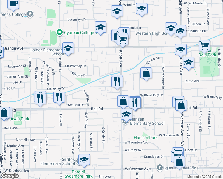 map of restaurants, bars, coffee shops, grocery stores, and more near 881 South Arc Way in Anaheim
